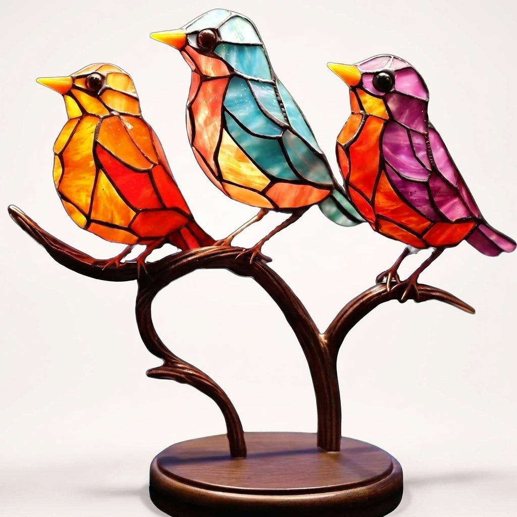 Glass Birds on Branch Desk Ornament — Colorful Decor