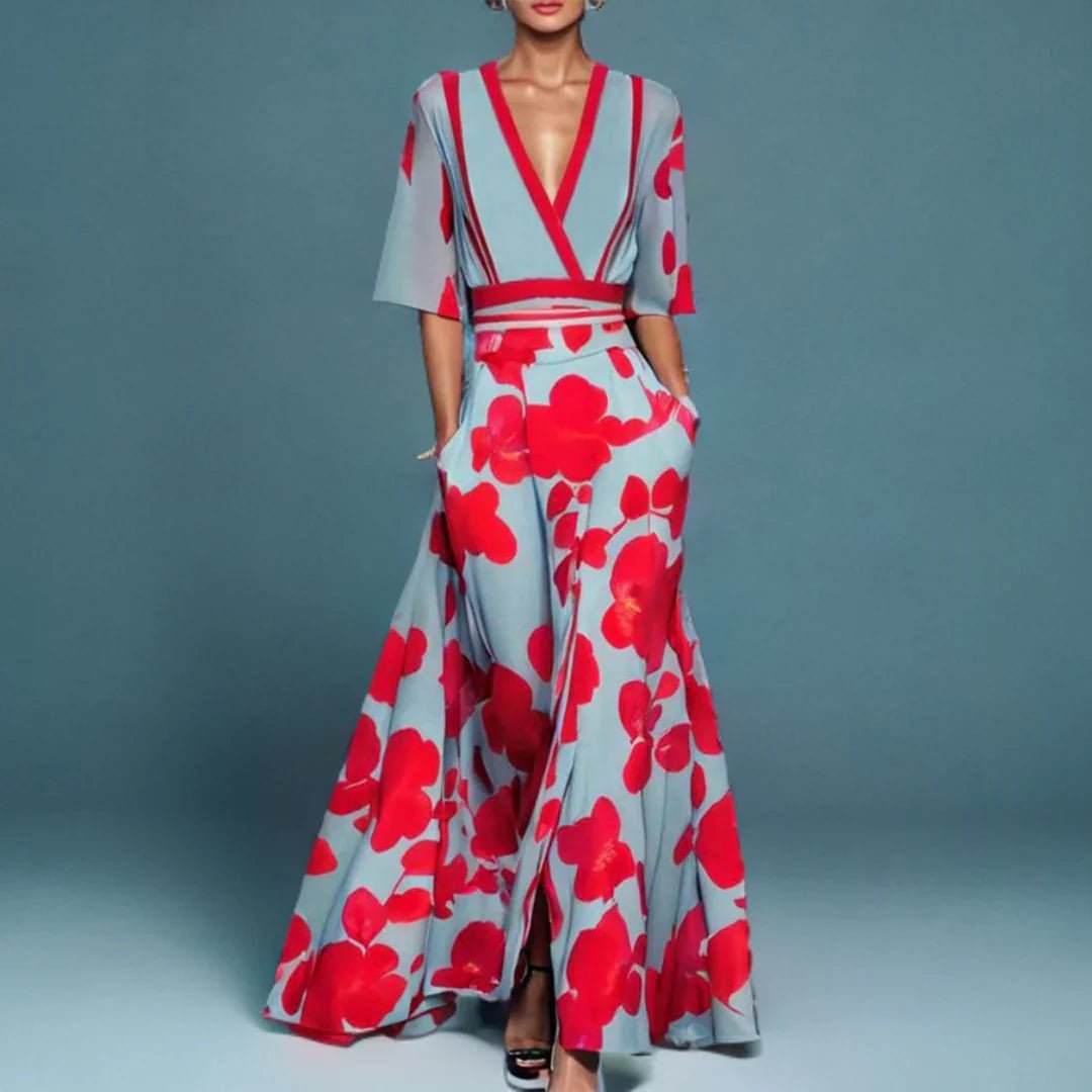 Floral Wrap Maxi Dress — V-Neck with Side Pockets