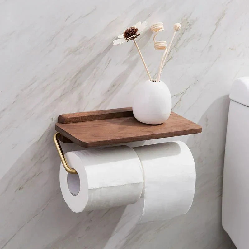 Walnut Wall Toilet Roll Holder with Built-In Shelf