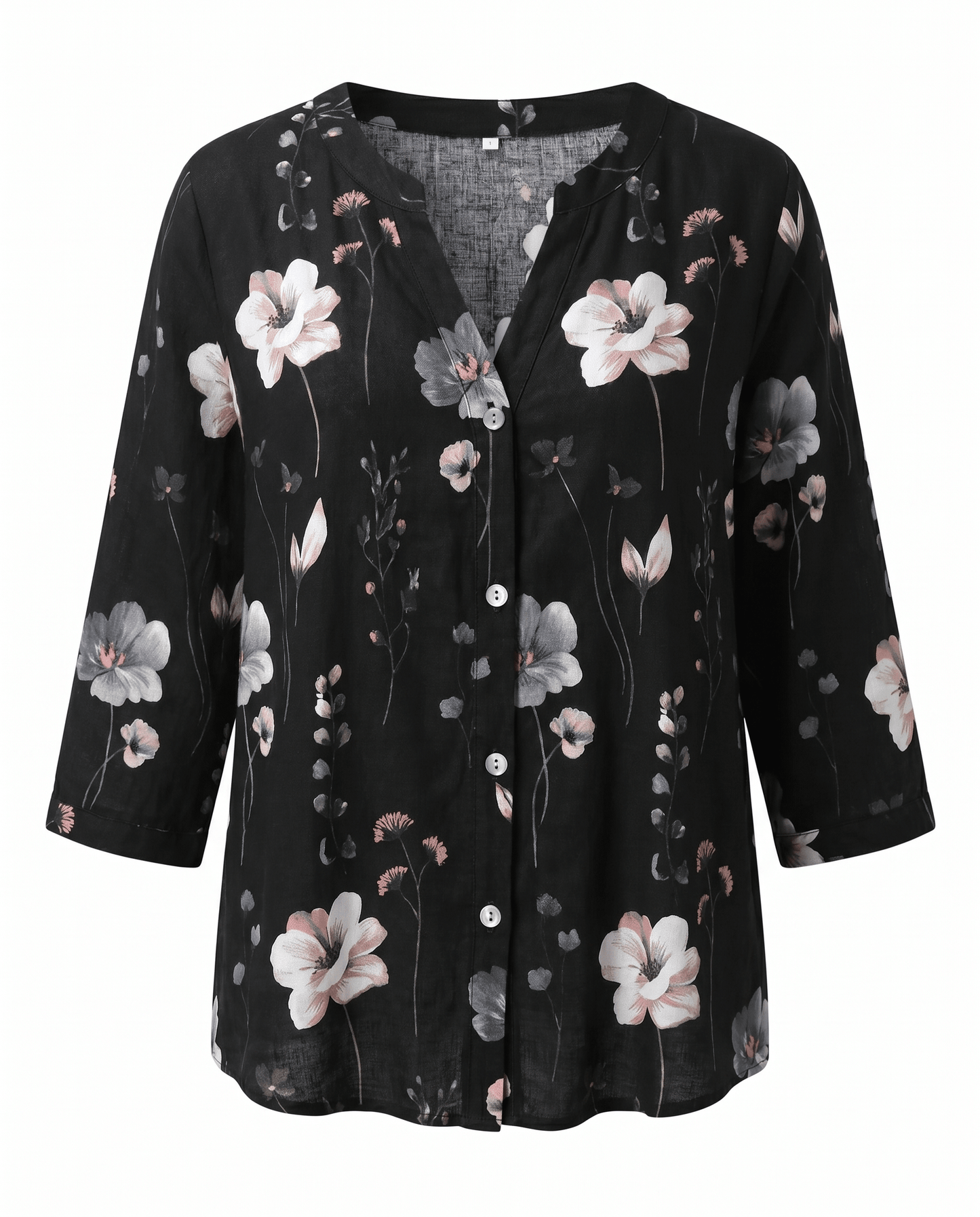 Floral V-Neck Blouse — Breezy Three-Quarter Sleeves