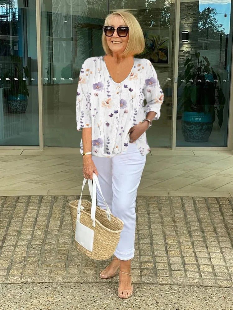 Floral V-Neck Blouse — Breezy Three-Quarter Sleeves