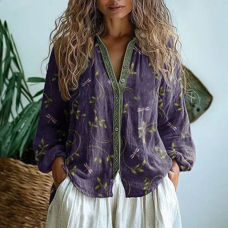 Womens V-Neck Blouse — Long Sleeve Boho Print