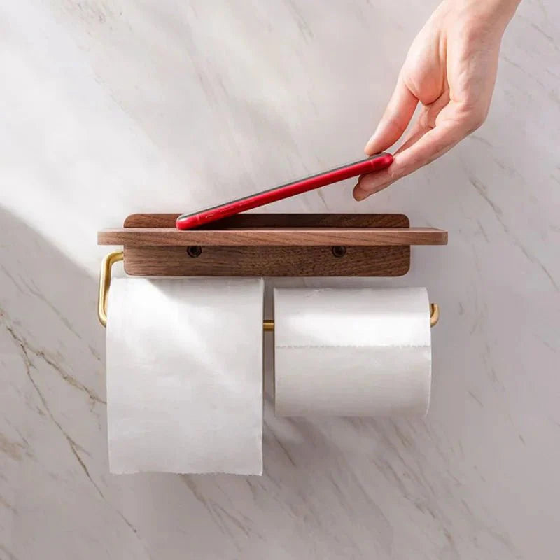 Walnut Wall Toilet Roll Holder with Built-In Shelf