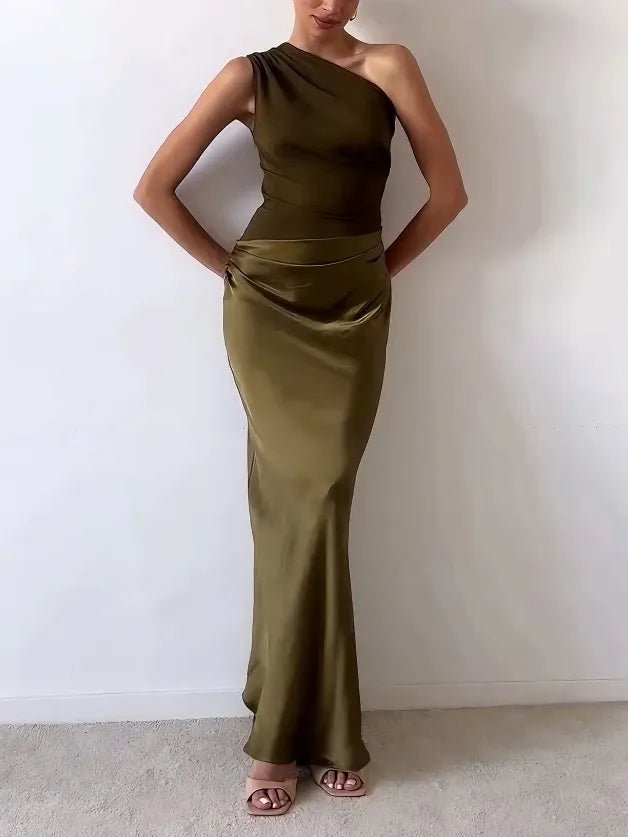 One-Shoulder Maxi Dress with Pleated Draping