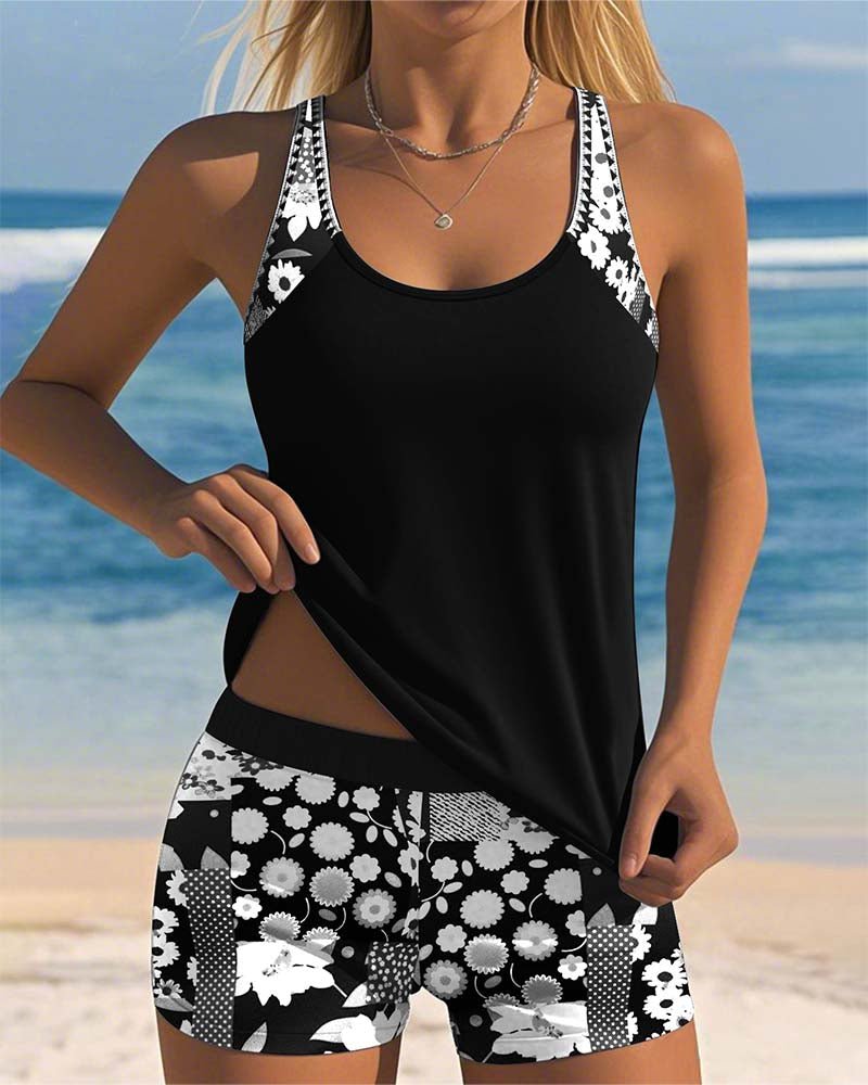 Two-Piece Floral Swimsuit — Tankini Top with Shorts