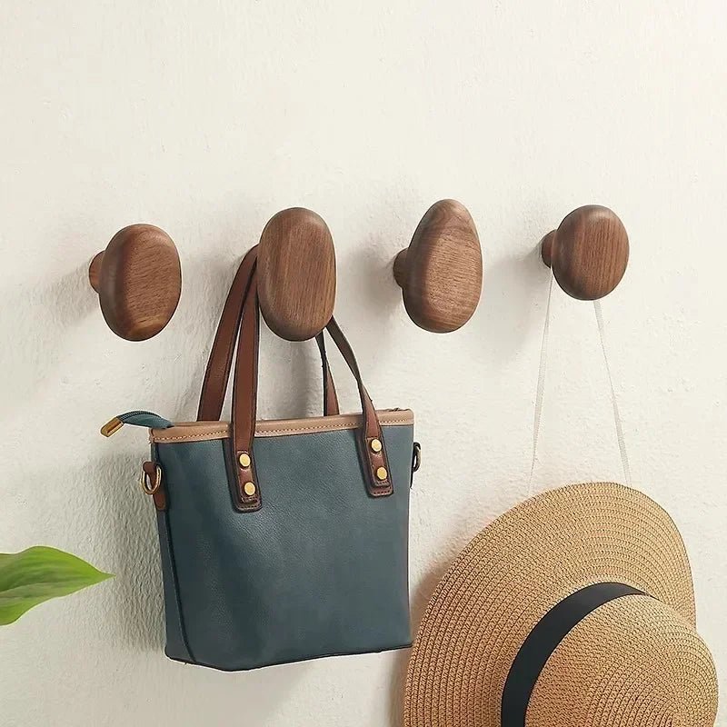 Natural Wood Wall Hooks — Organic Pebble Design Set of 4