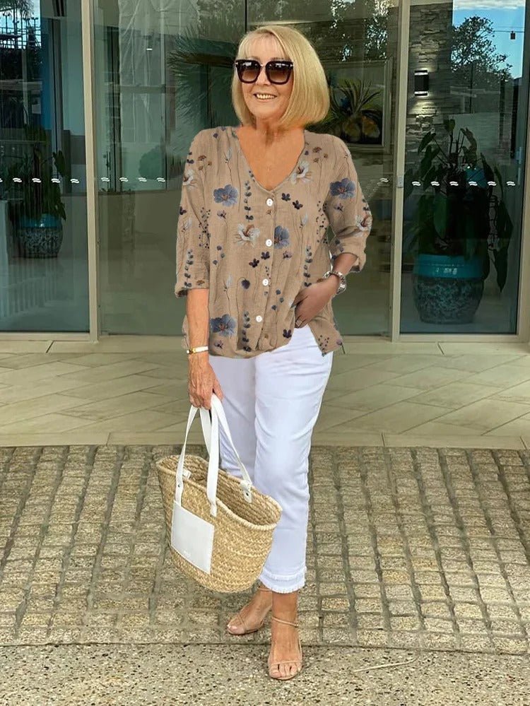 Floral V-Neck Blouse — Breezy Three-Quarter Sleeves