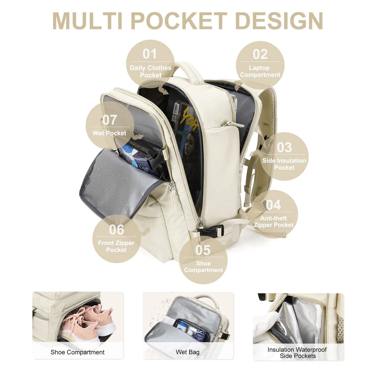 35L Women's Travel Backpack — Waterproof with USB Port