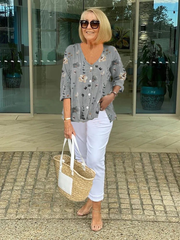Floral V-Neck Blouse — Breezy Three-Quarter Sleeves