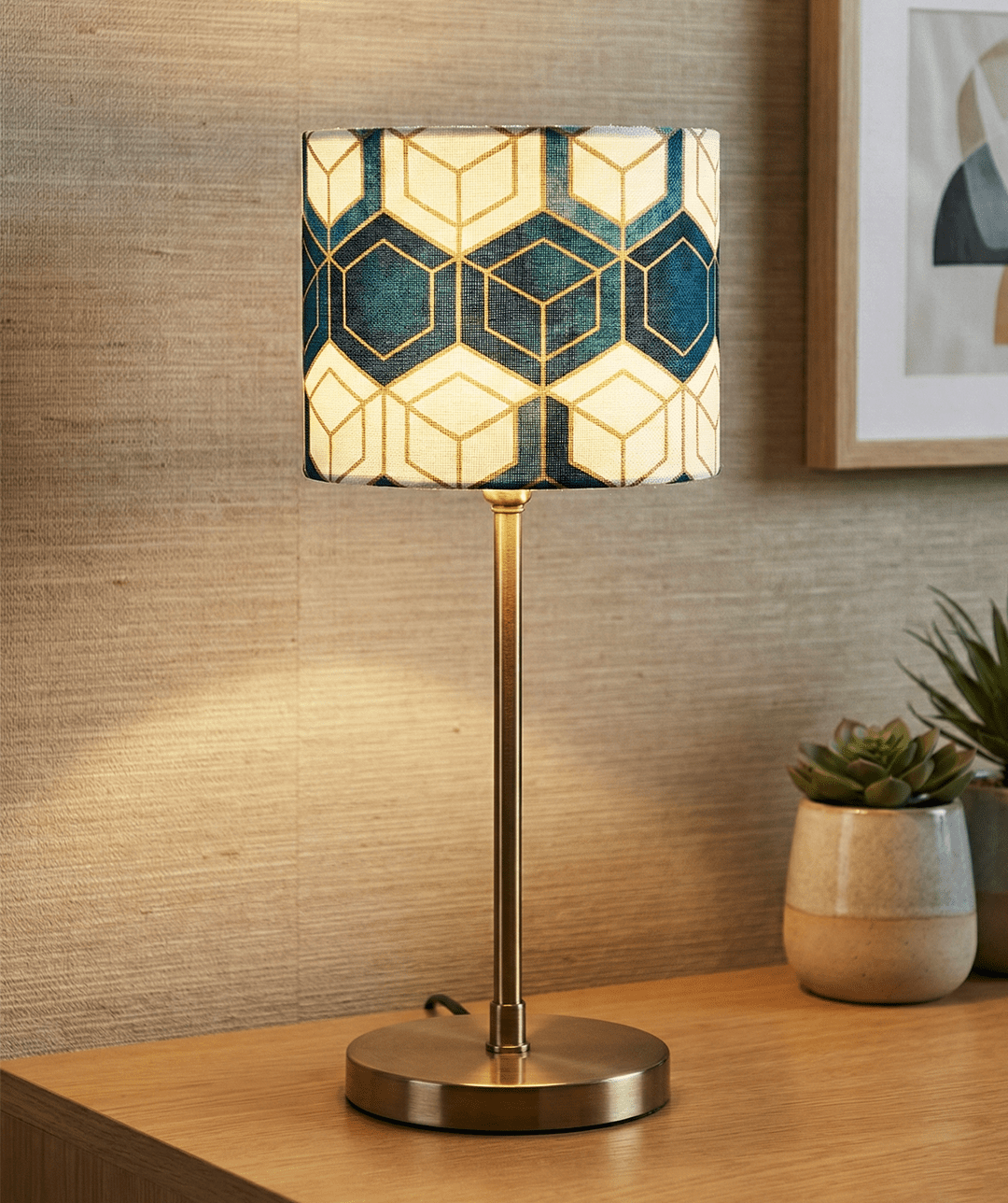 Brass Table Lamp — Geometric Patterned Shade