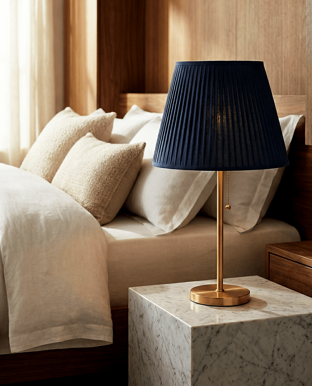 Blue Pleated Shade Table Lamp — Brass Finish