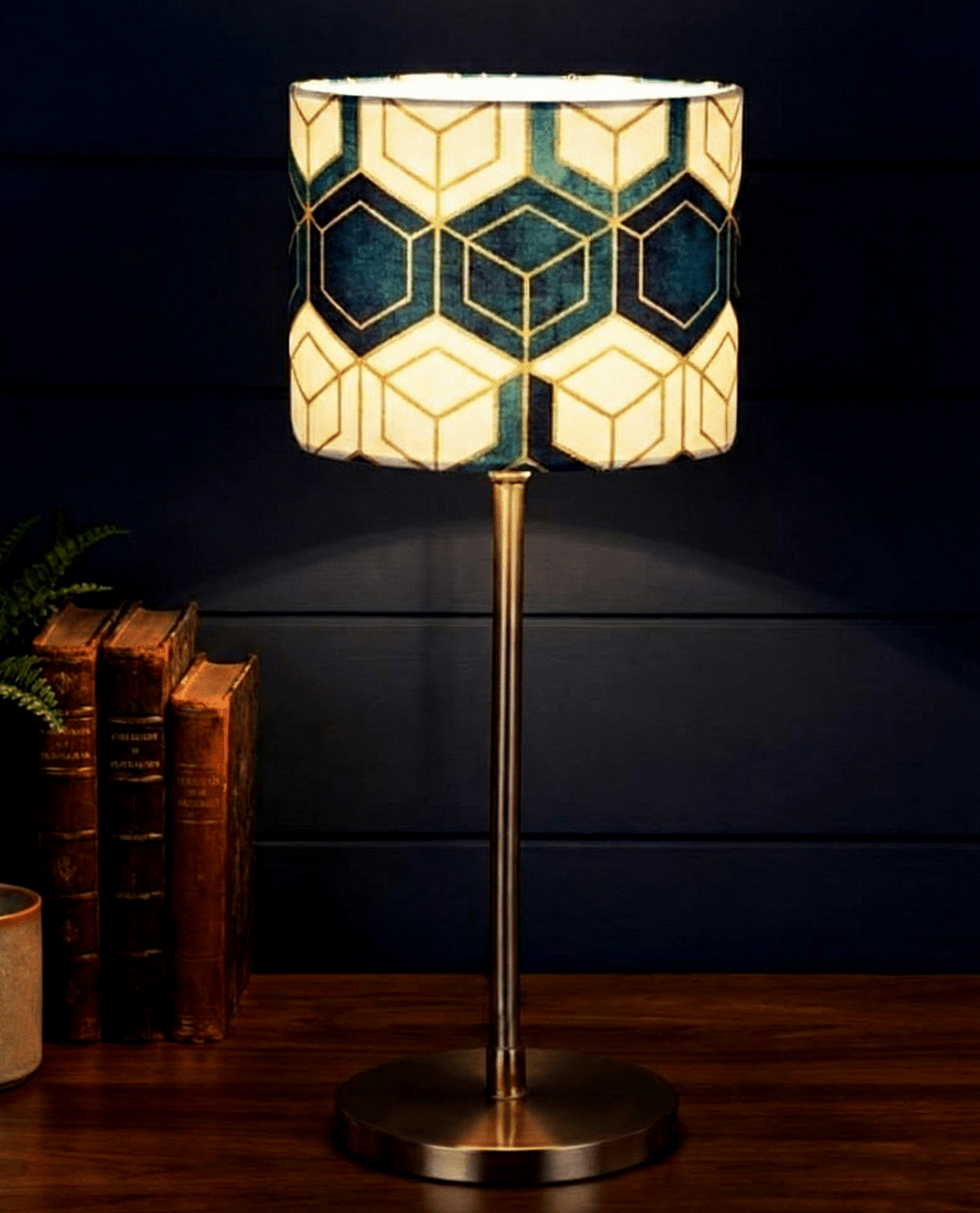 Brass Table Lamp — Geometric Patterned Shade
