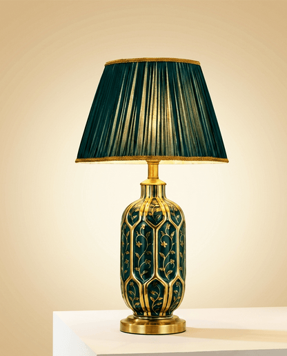 Green Ceramic Table Lamp — Pleated Fabric Shade