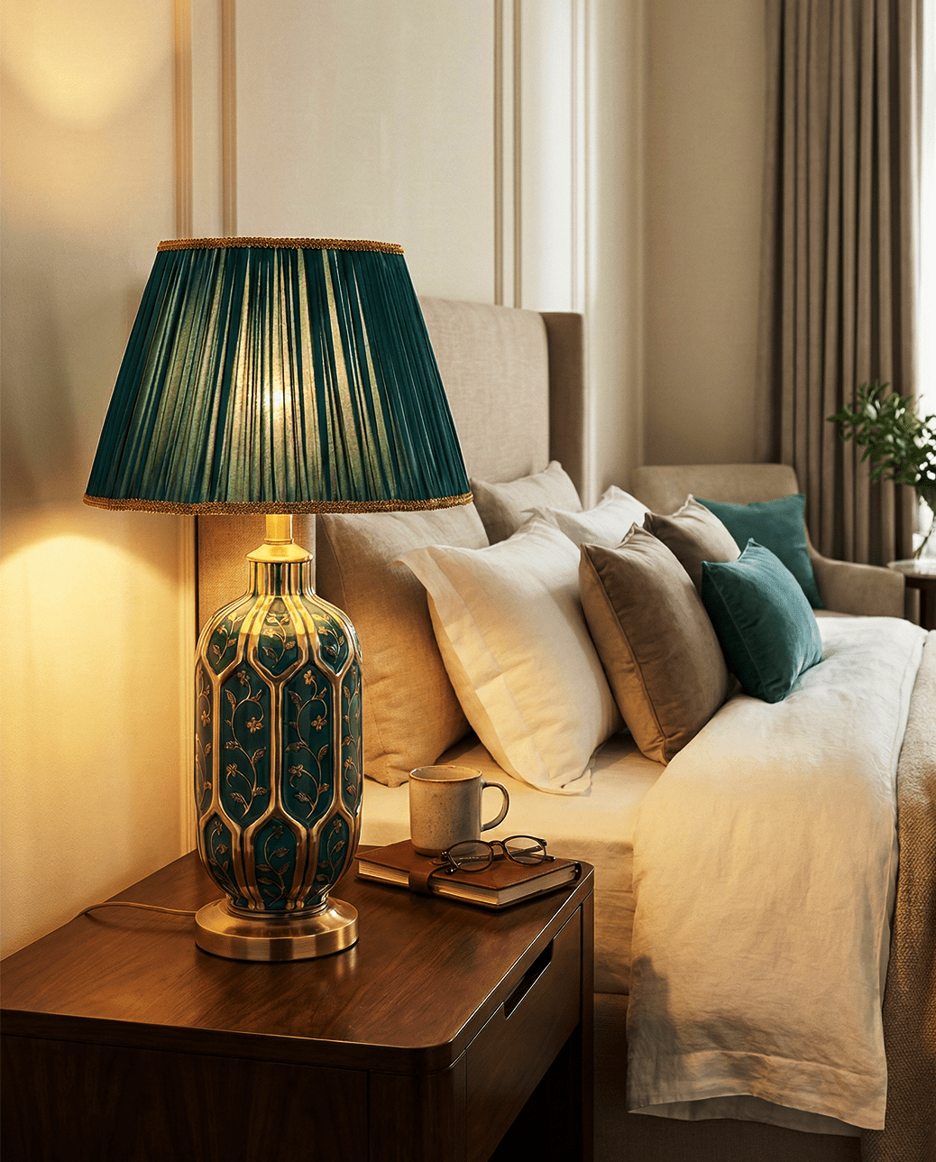 Green Ceramic Table Lamp — Pleated Fabric Shade