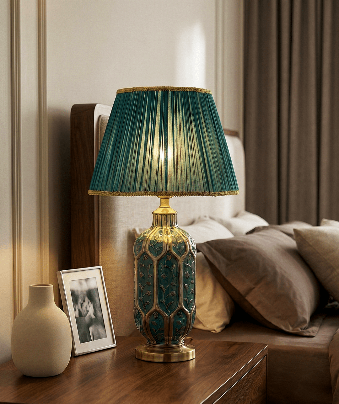 Green Ceramic Table Lamp — Pleated Fabric Shade