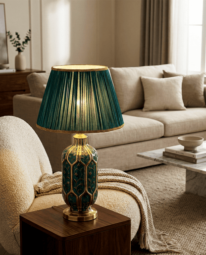 Green Ceramic Table Lamp — Pleated Fabric Shade