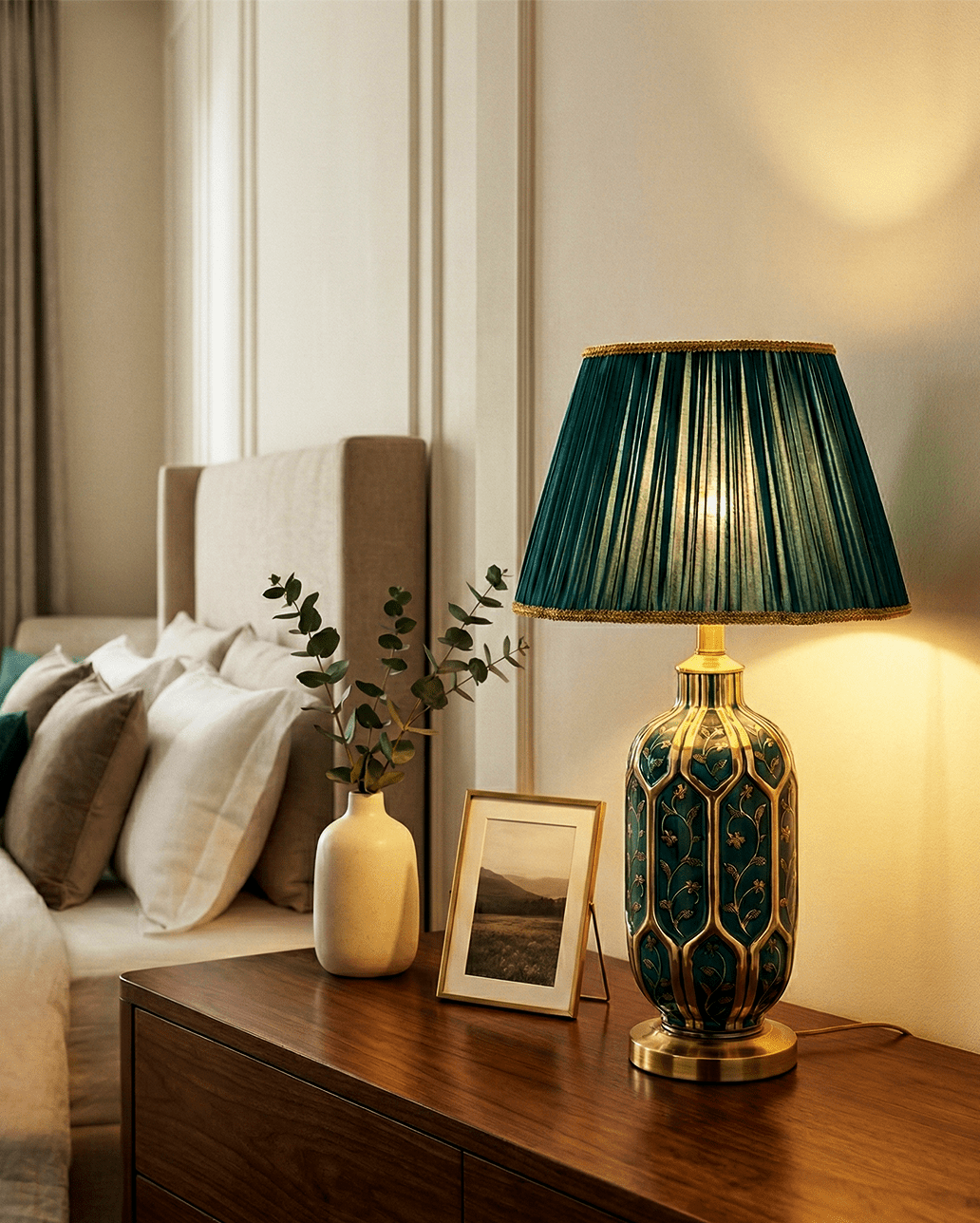 Green Ceramic Table Lamp — Pleated Fabric Shade