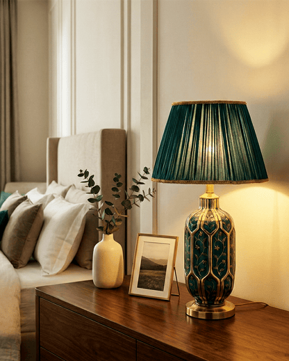 Green Ceramic Table Lamp — Pleated Fabric Shade