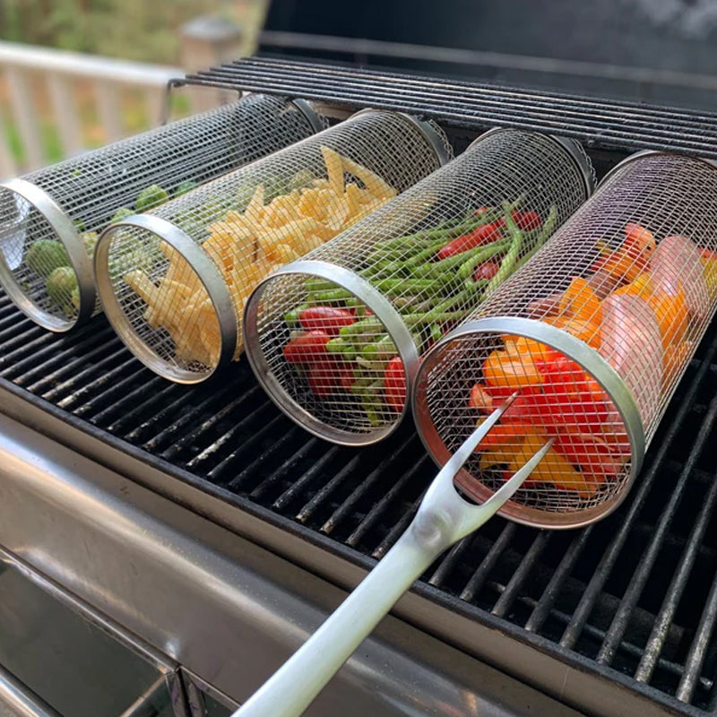 Rotating Grill Basket — Stainless Steel Even Cooking