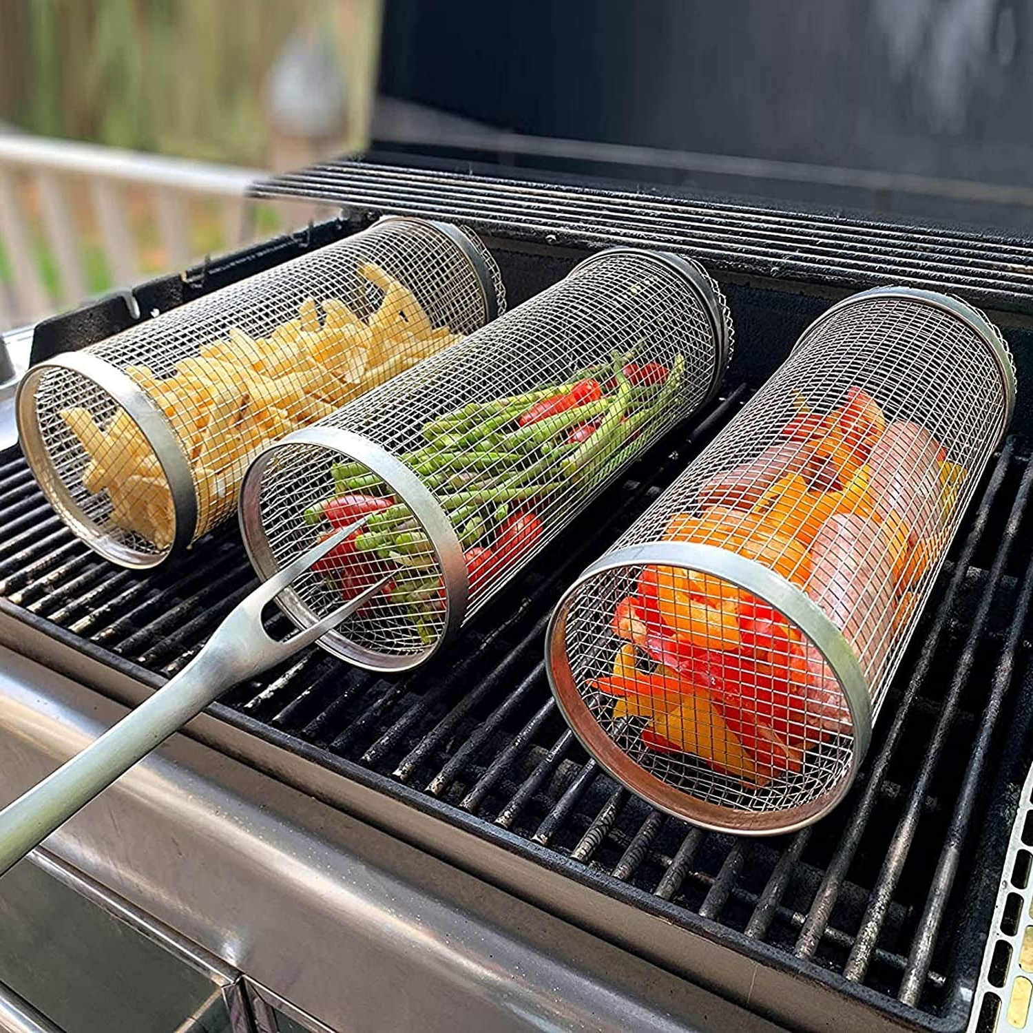 Rotating Grill Basket — Stainless Steel Even Cooking