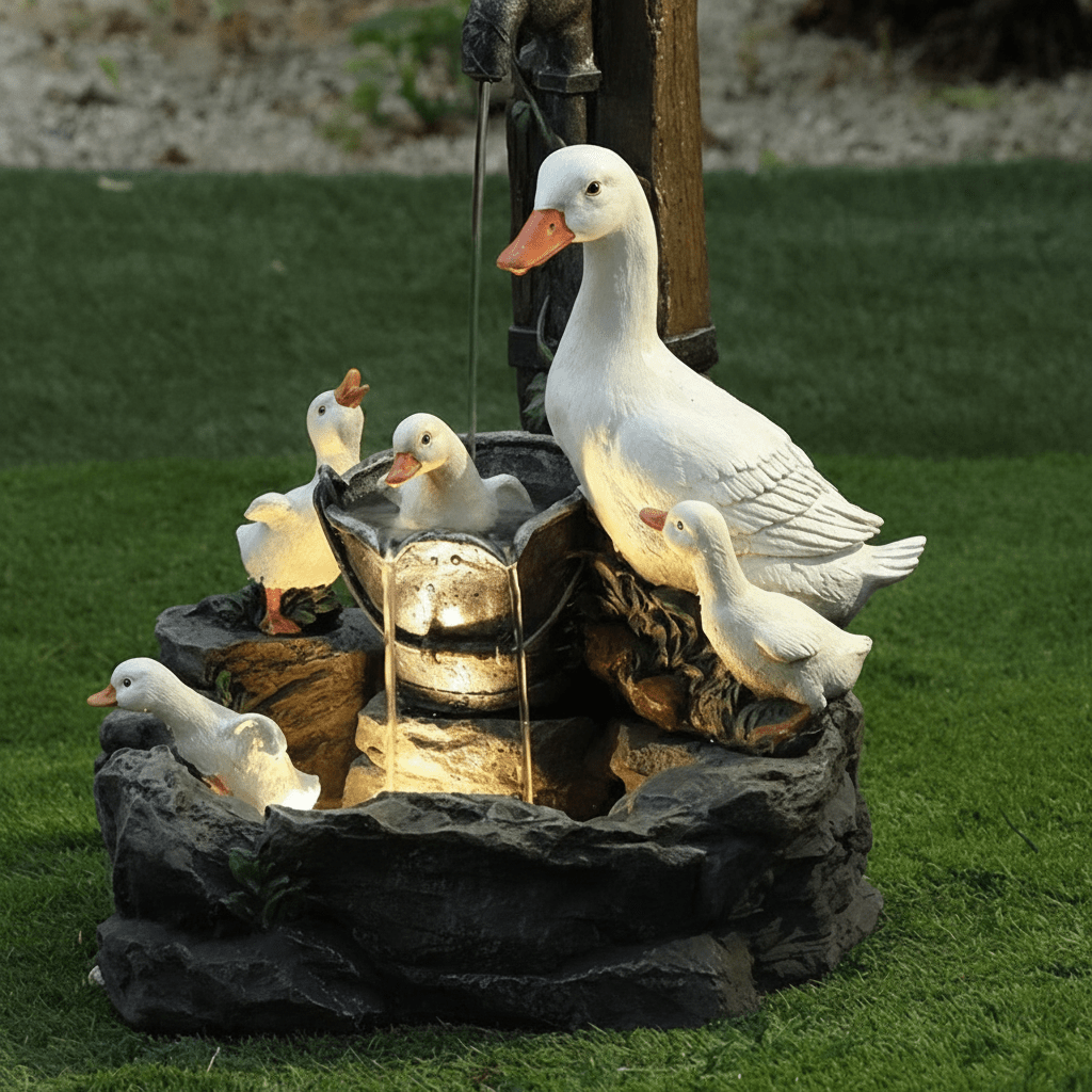 Solar Garden Fountain with Duck and Squirrel