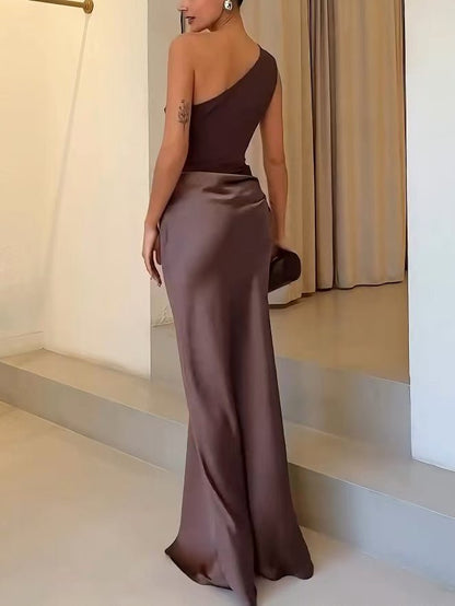 One-Shoulder Maxi Dress with Pleated Draping
