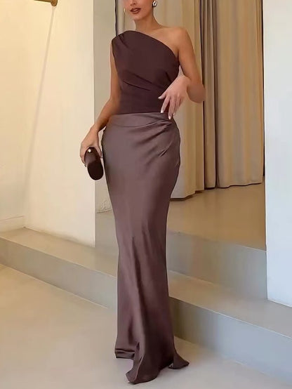 One-Shoulder Maxi Dress with Pleated Draping