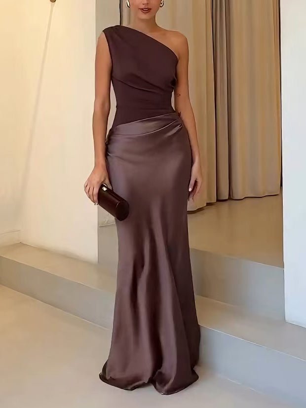 One-Shoulder Maxi Dress with Pleated Draping