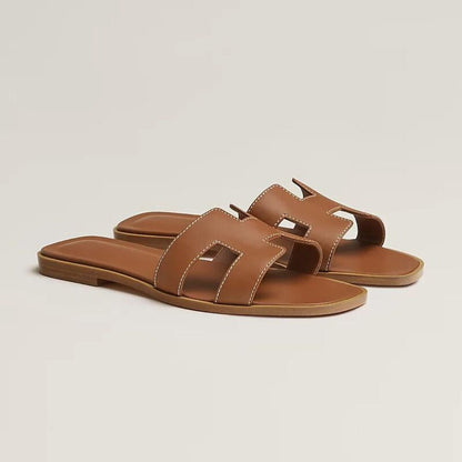 Leather Cut-Out Flat Sandals with Wooden Sole — Summer Comfort