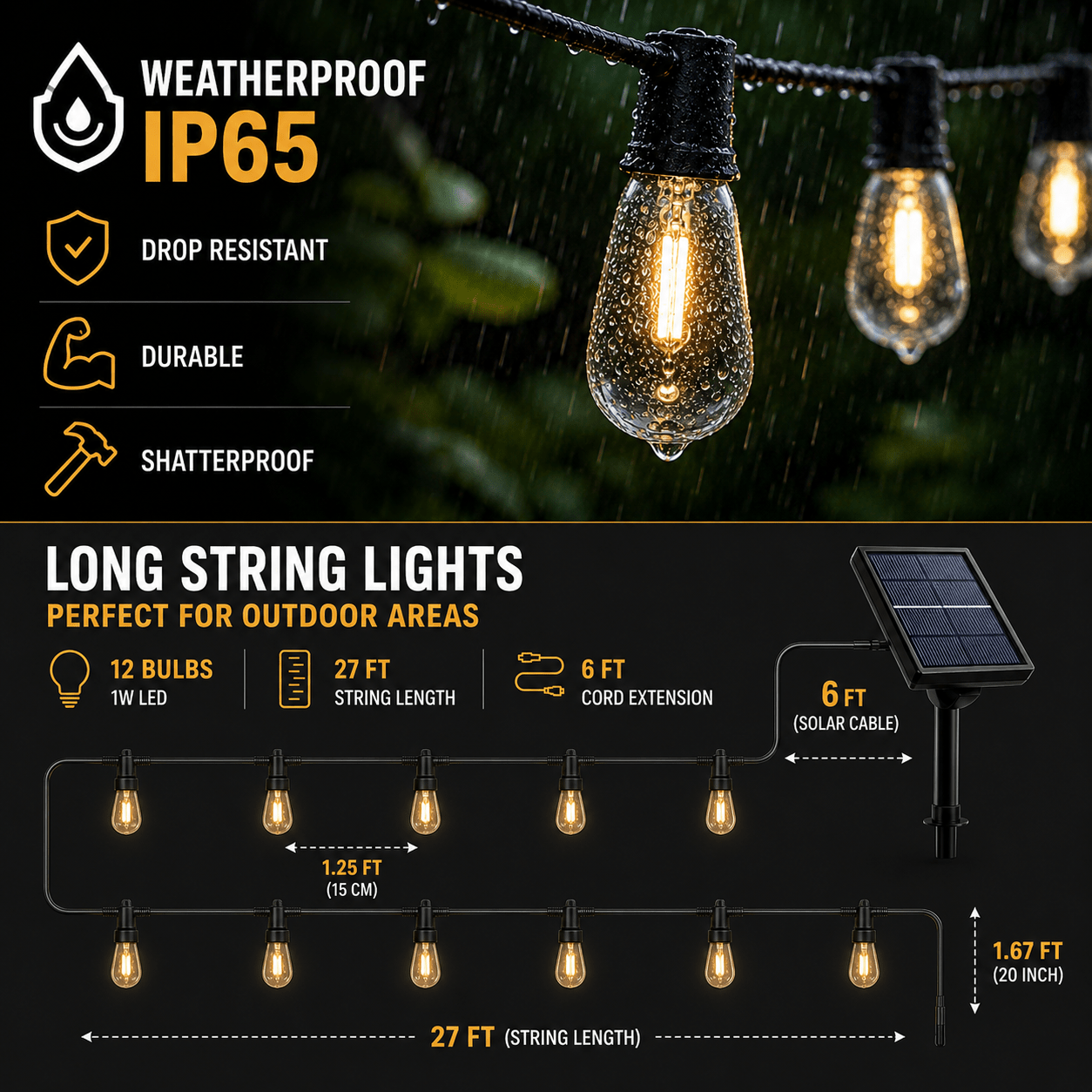Solar Vintage String Lights 10m 40 LED — Outdoor IP65