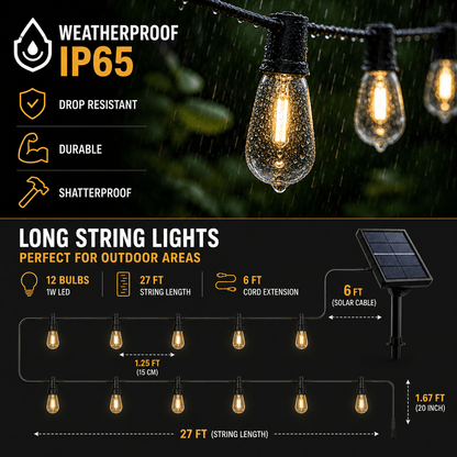 Solar Vintage String Lights 10m 40 LED — Outdoor IP65