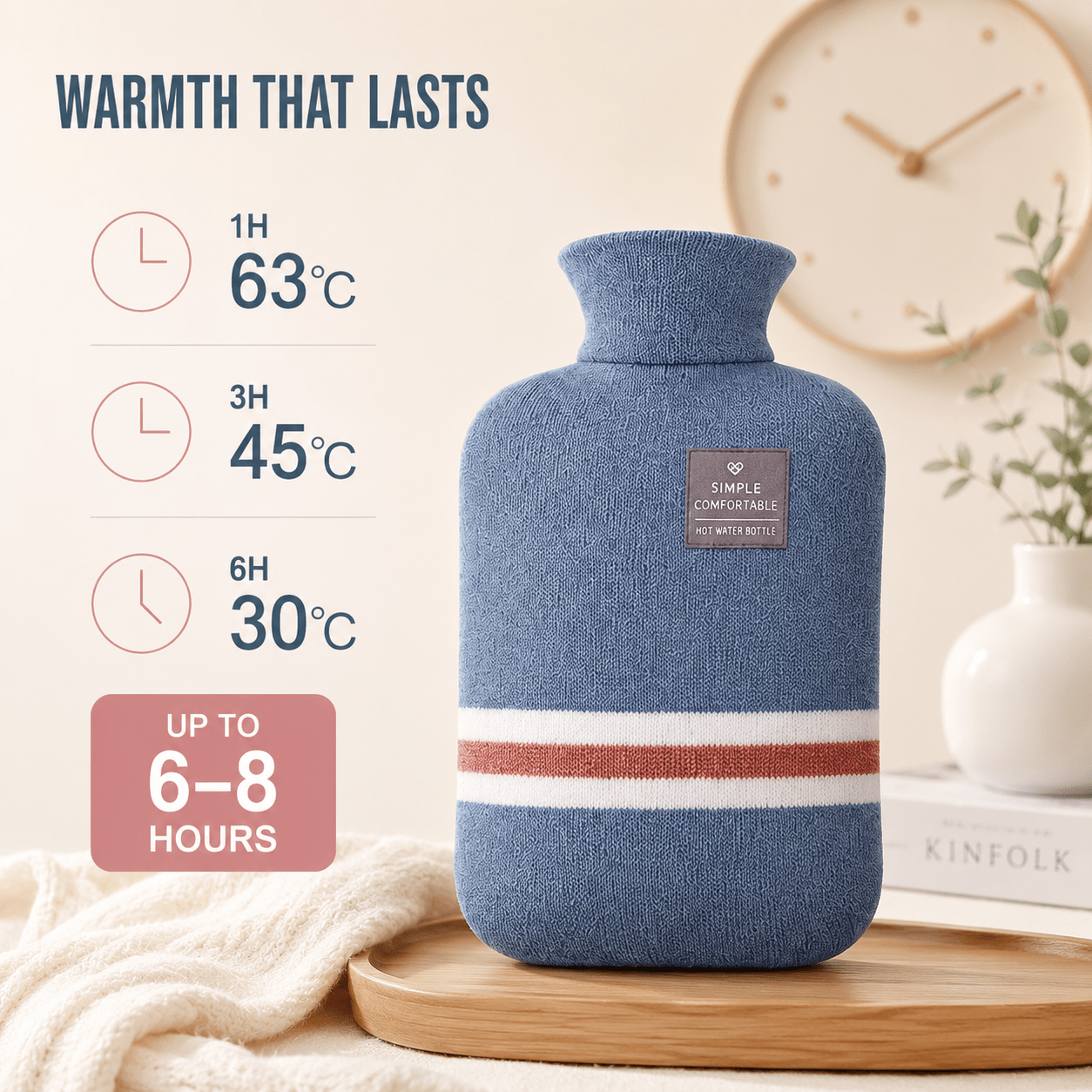 XL 2L Hot Water Bottle with Knit Cover — 8h Lasting Heat