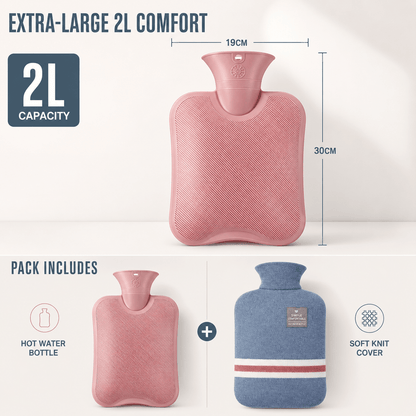XL 2L Hot Water Bottle with Knit Cover — 8h Lasting Heat