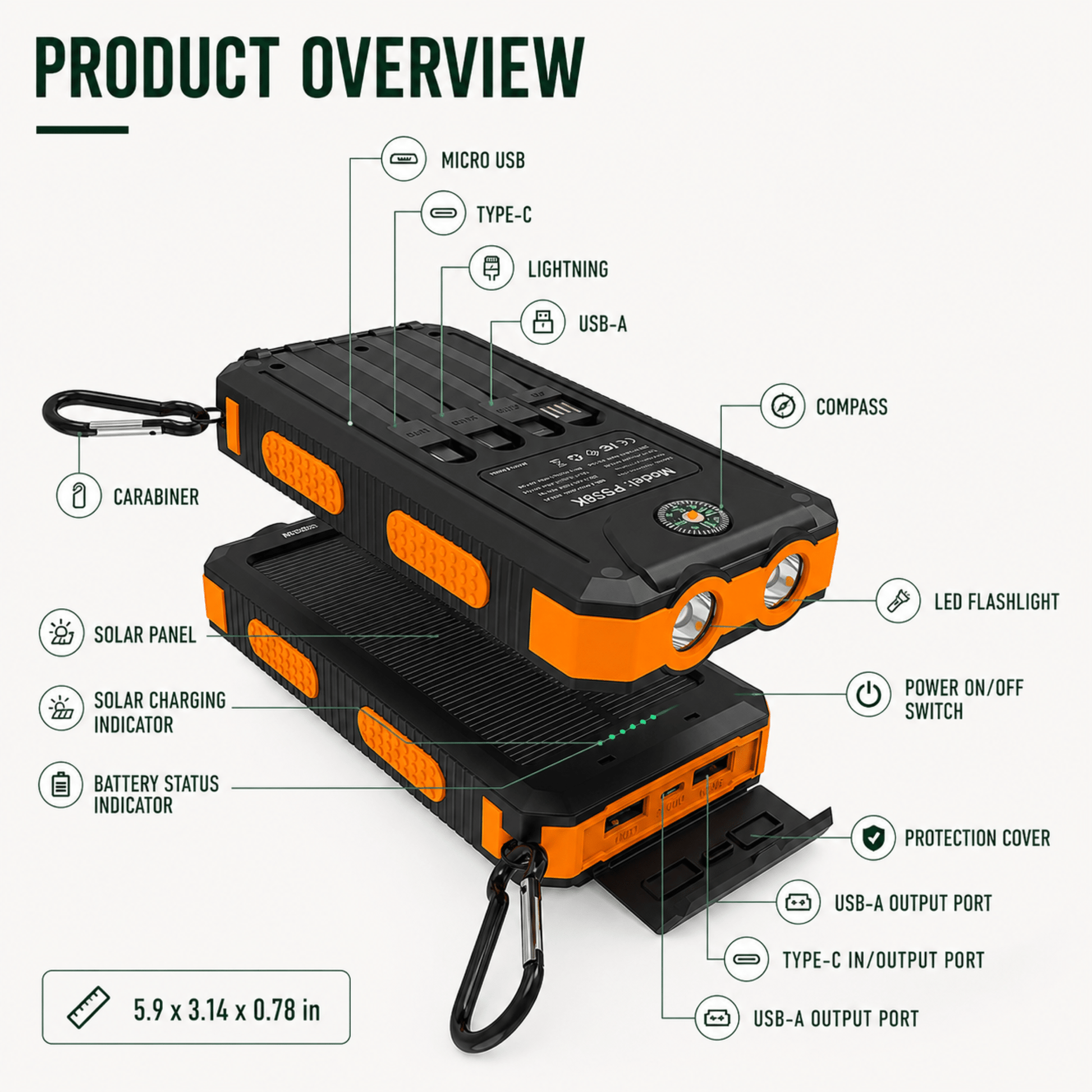 Solar Power Bank 20000mAh with LED Torch & Compass