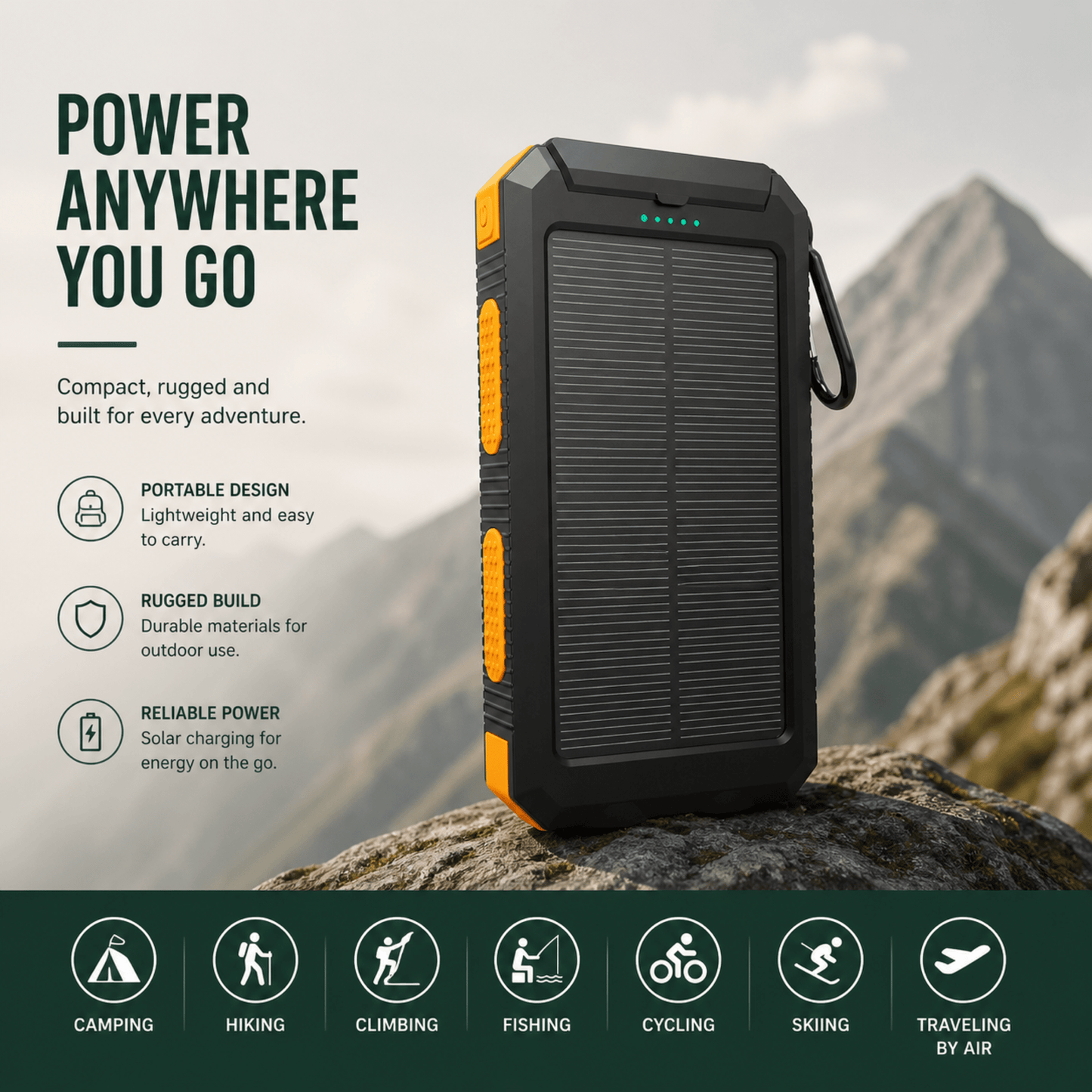 Solar Power Bank 20000mAh with LED Torch & Compass