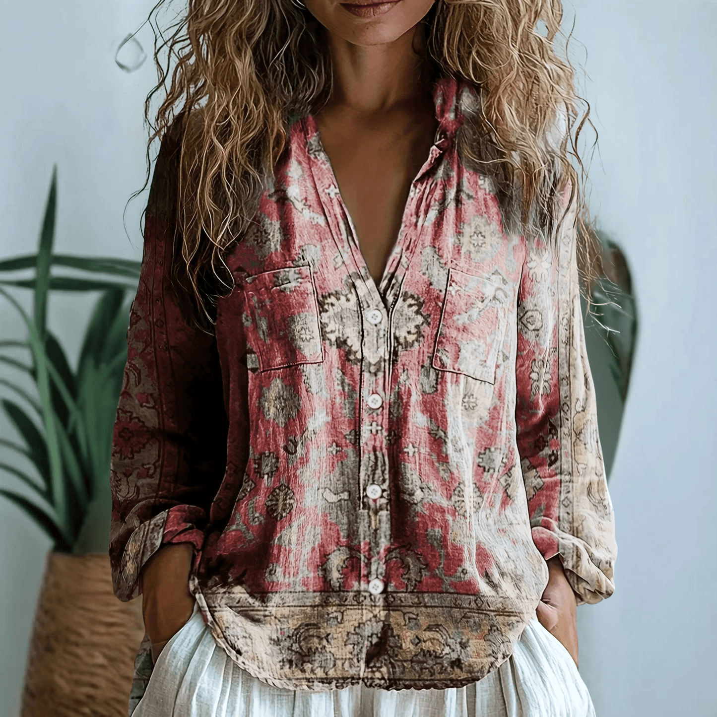 Womens V-Neck Blouse — Long Sleeve Boho Print