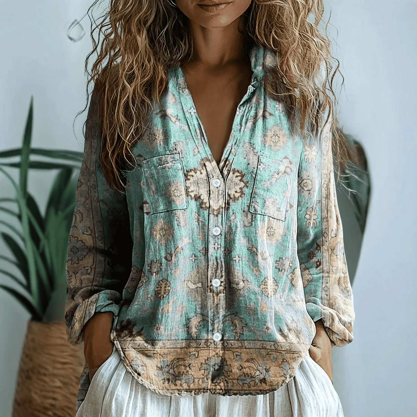 Womens V-Neck Blouse — Long Sleeve Boho Print