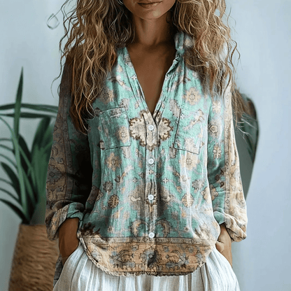 Womens V-Neck Blouse — Long Sleeve Boho Print