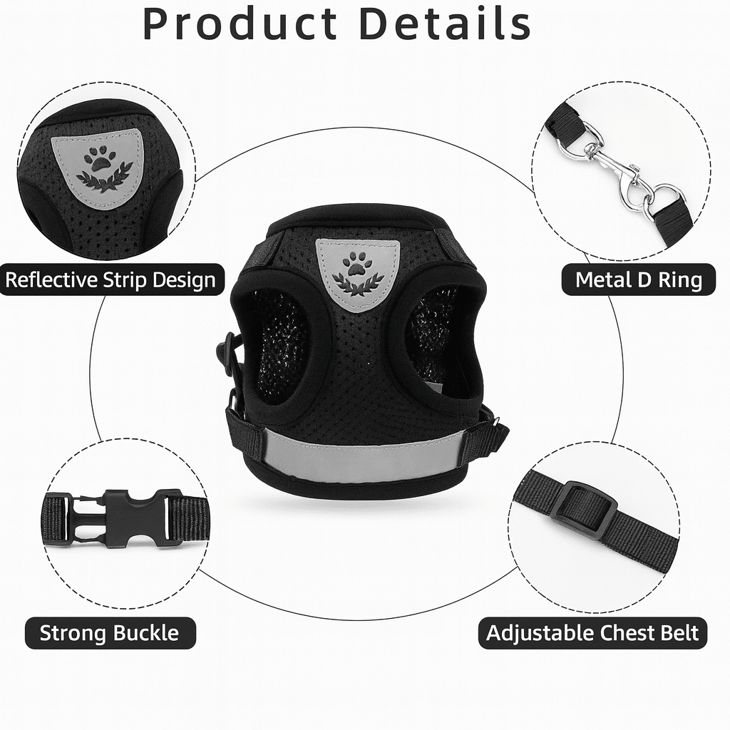 Adjustable Cat Harness With Reflective Leash