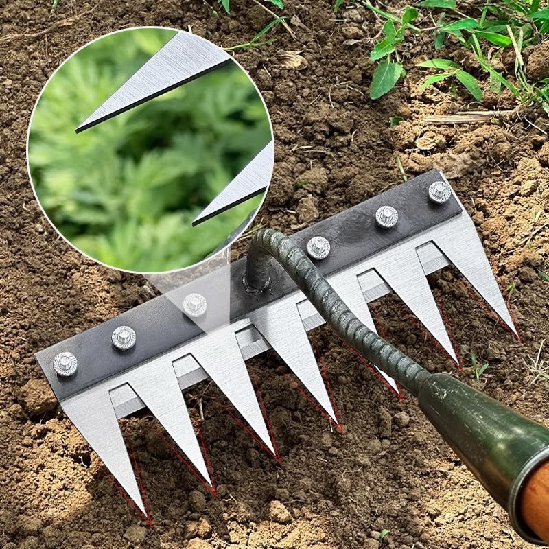 Carbon Steel Garden Rake — 5-8 Teeth Ergonomic