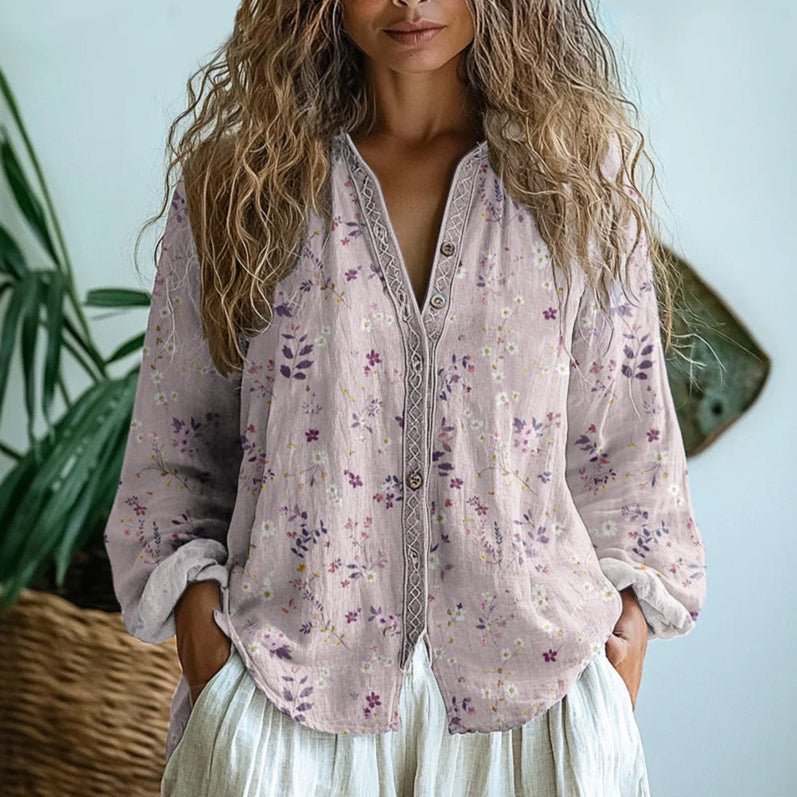 Womens V-Neck Blouse — Long Sleeve Boho Print