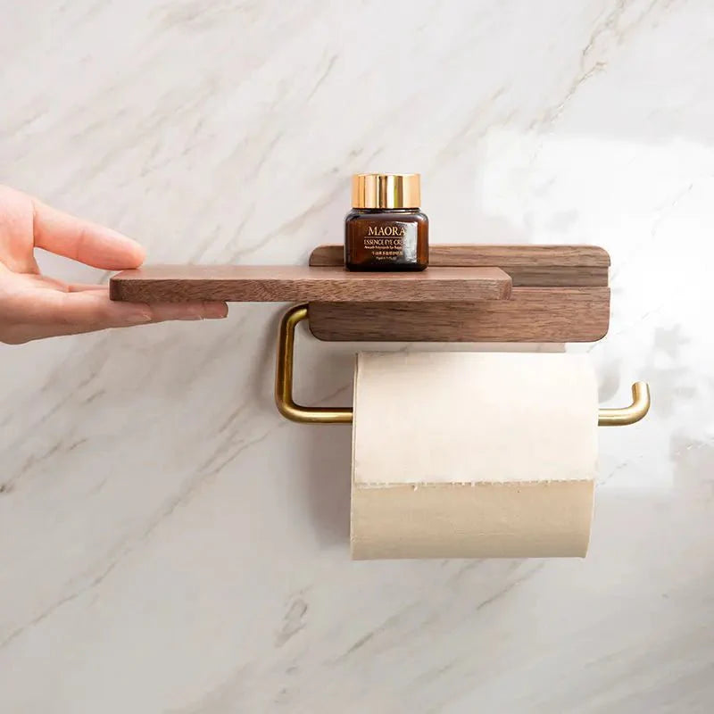 Walnut Wall Toilet Roll Holder with Built-In Shelf
