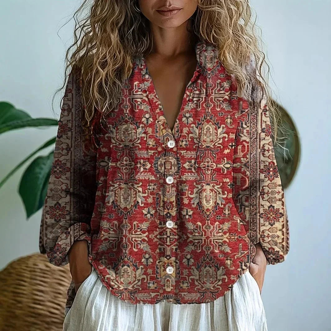 Womens V-Neck Blouse — Long Sleeve Boho Print