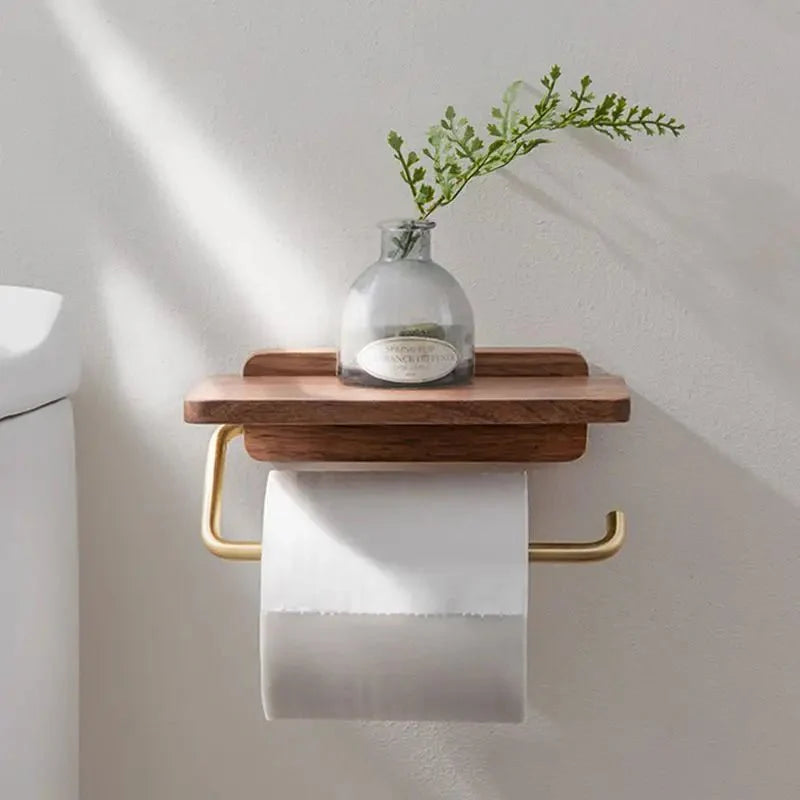 Walnut Wall Toilet Roll Holder with Built-In Shelf