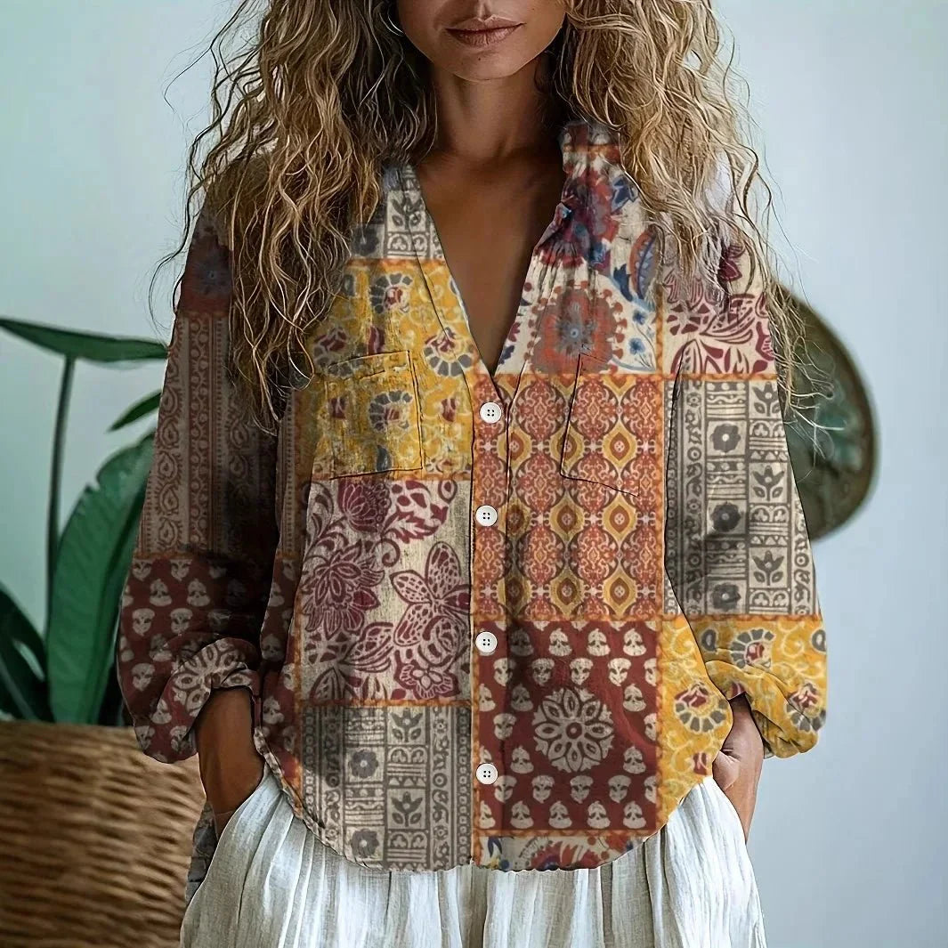 Womens V-Neck Blouse — Long Sleeve Boho Print