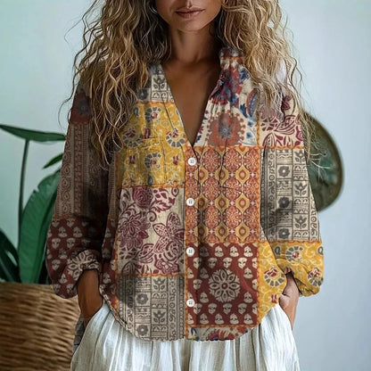 Womens V-Neck Blouse — Long Sleeve Boho Print