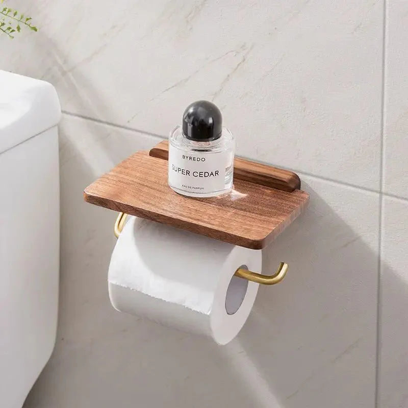 Walnut Wall Toilet Roll Holder with Built-In Shelf