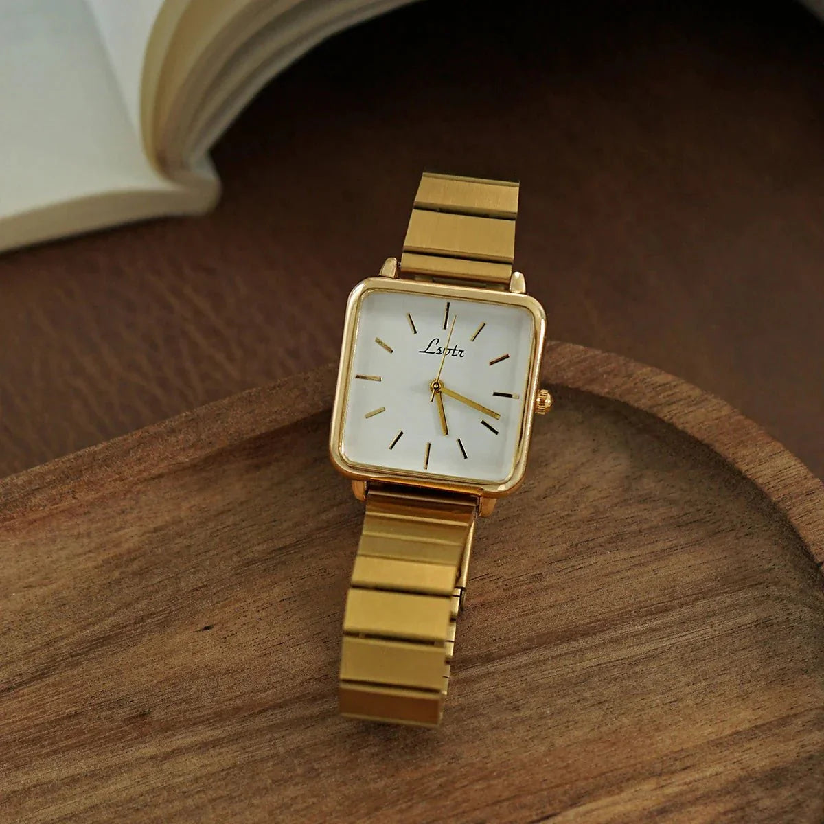 Square Quartz Watch — Gold Stainless Steel Band