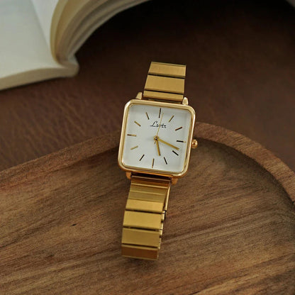 Square Quartz Watch — Gold Stainless Steel Band