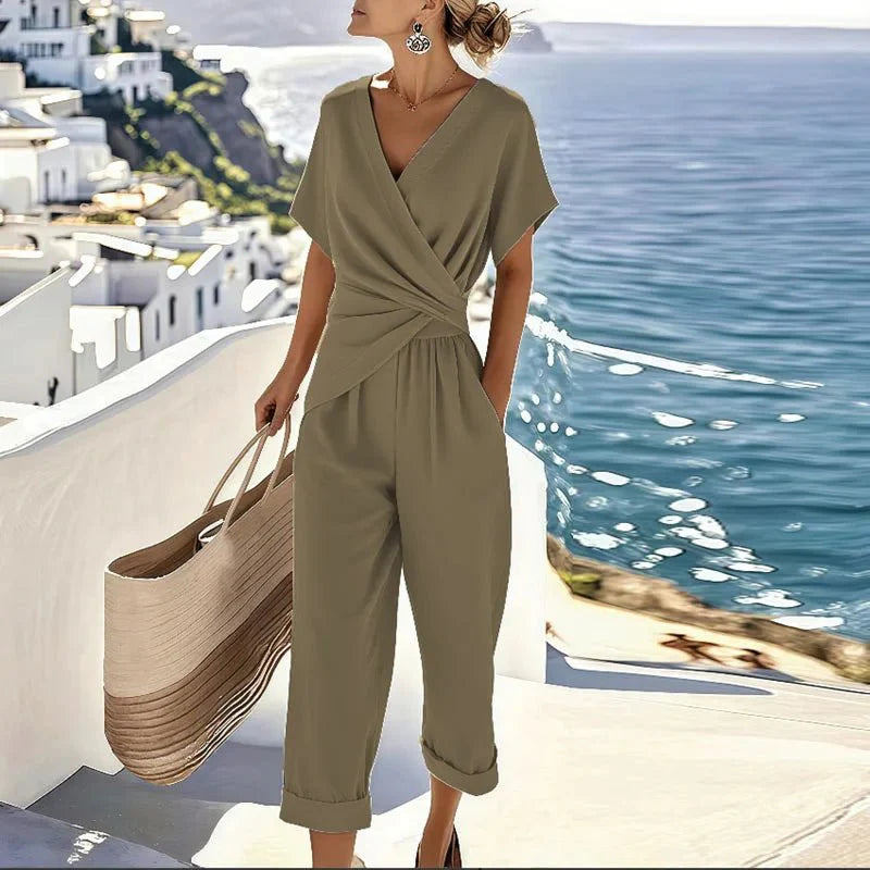 Two-Piece Set with Wrap Top and Cropped Pants